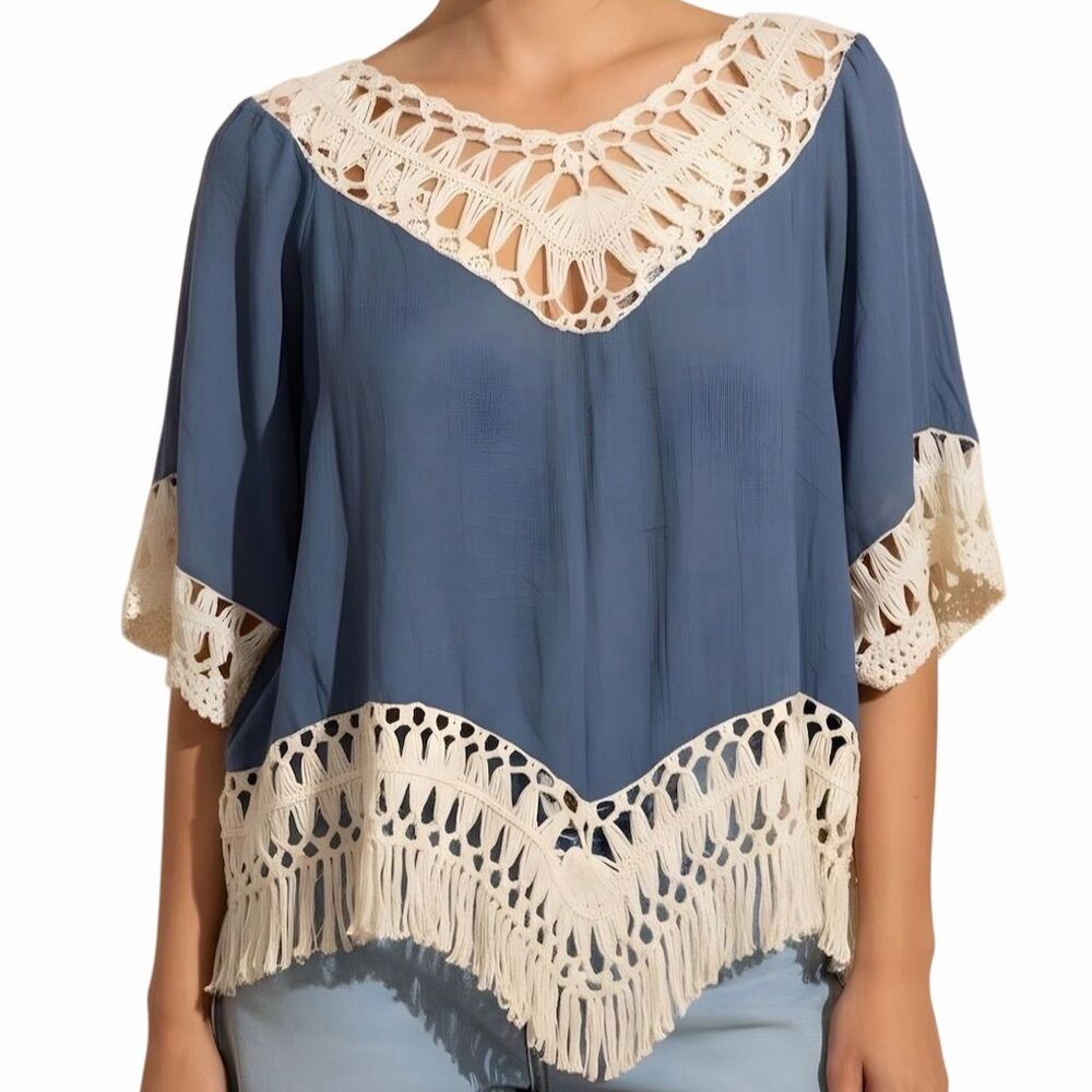 Mittoshop Fringe Crochet Lace V-Neck Women’s Blouse‎ - Picture 3 of 7
